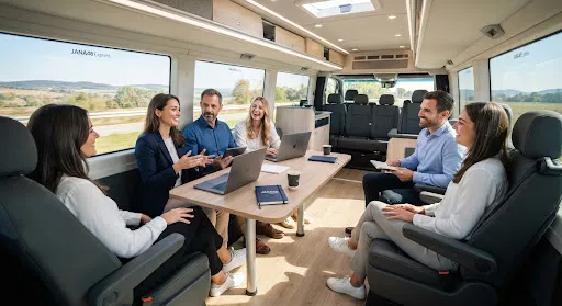 Inside JANA48 Express's van, with a group of passengers working during the trip.
