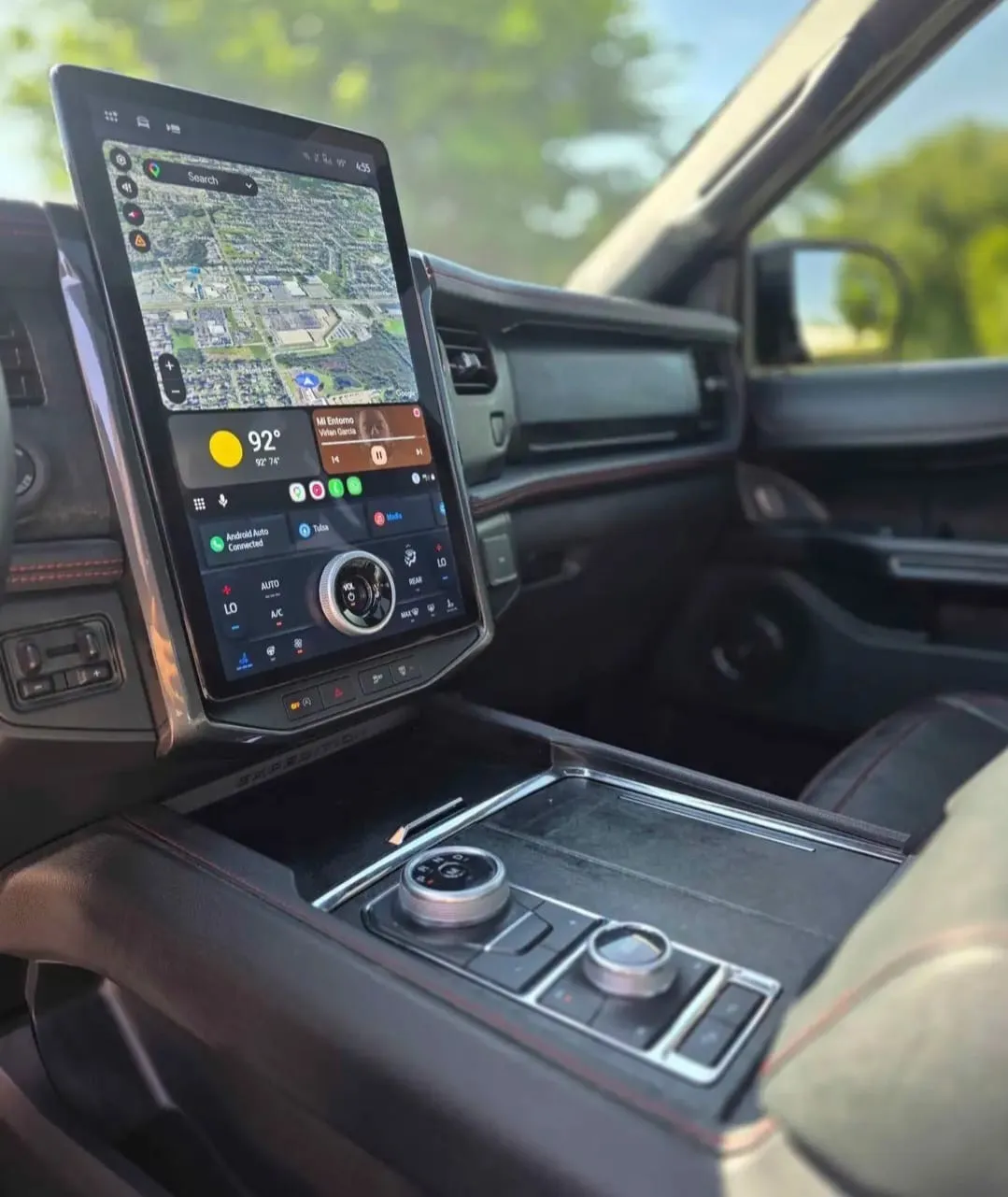 Navigation screen and premium cabin in a JANA48 Express vehicle prepared for a long-distance trip.