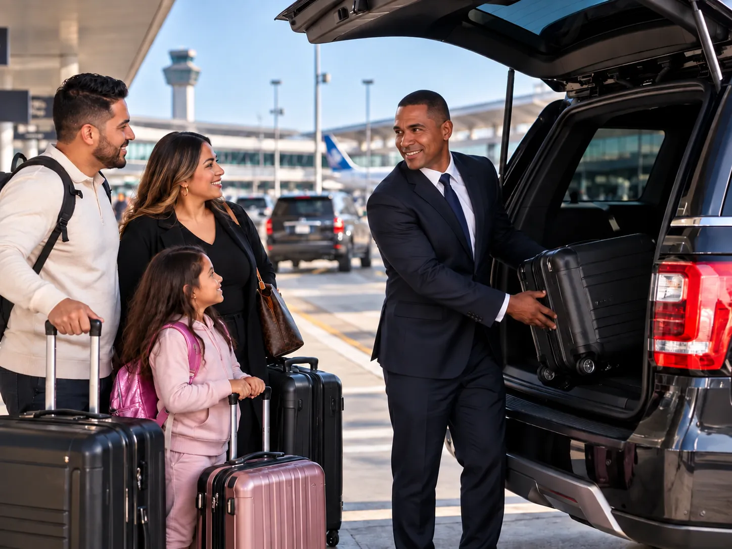 Family loading suitcases into the van headed to the airport.