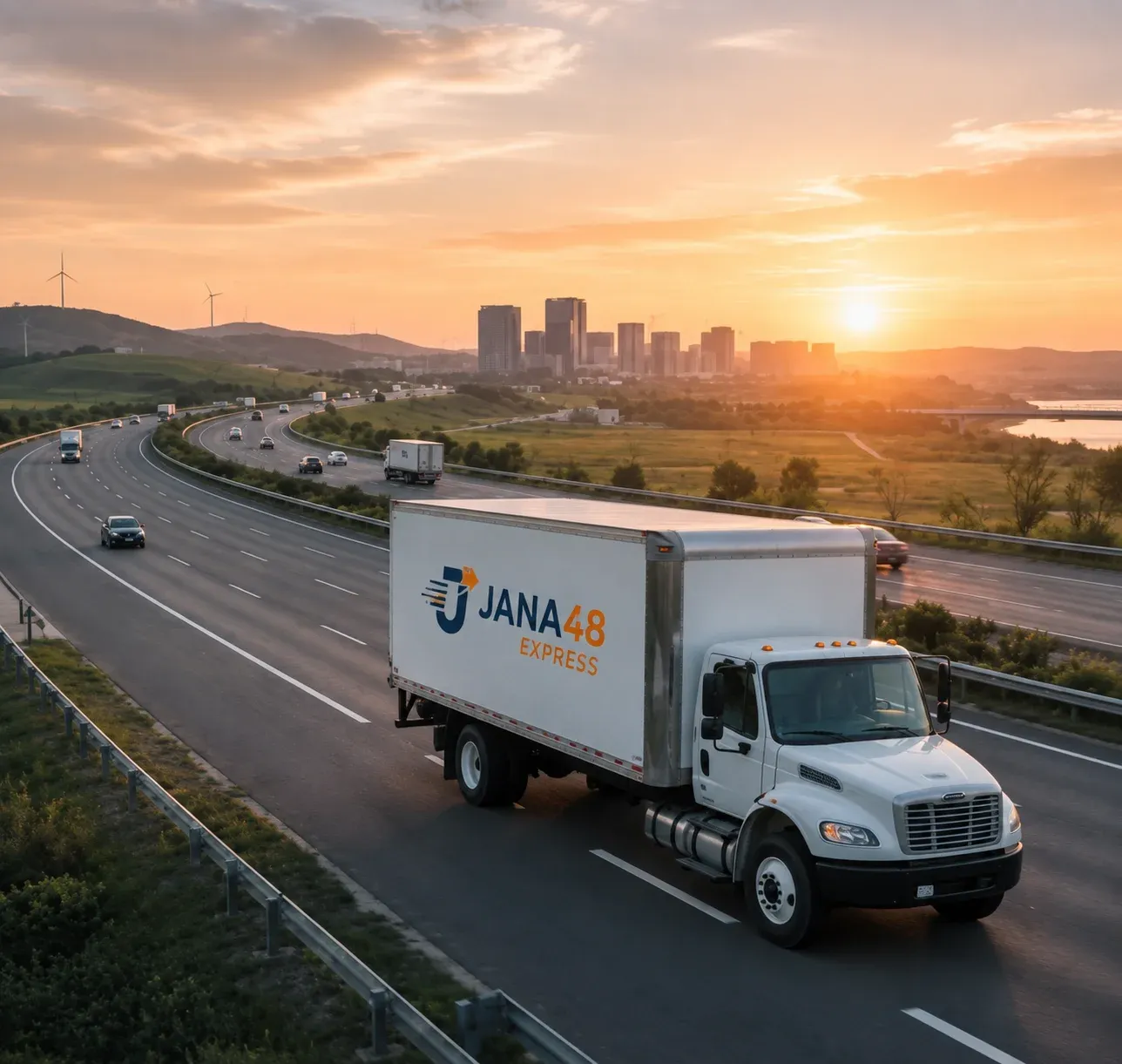 JANA48 Express truck on an interstate highway at sunset, with a city skyline in the background.