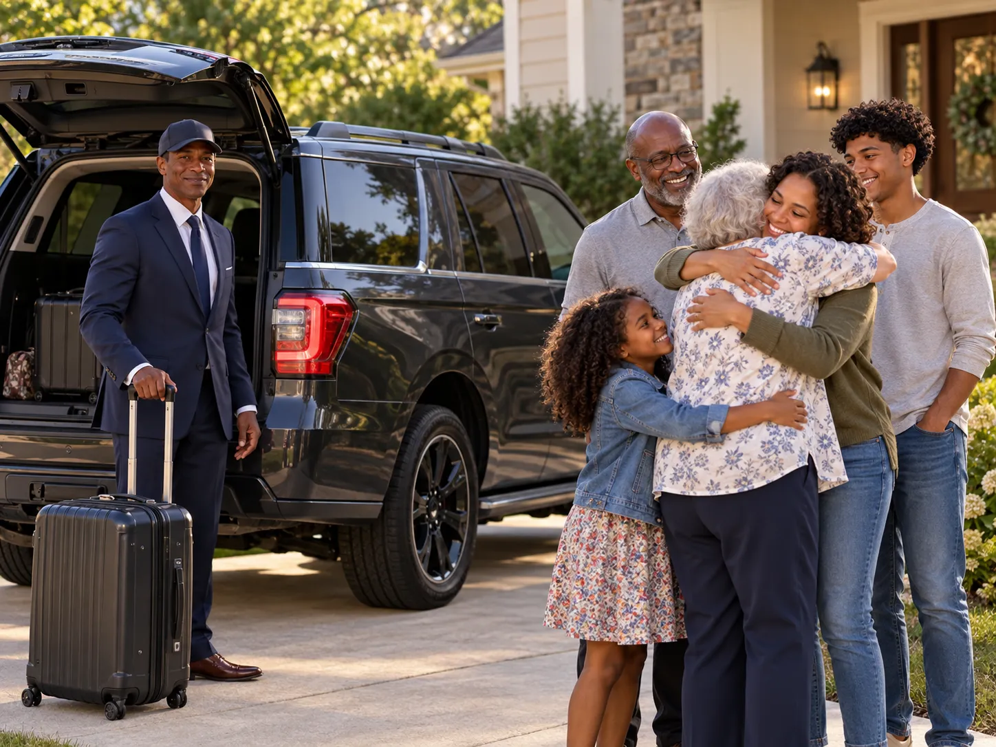 Family greeting a passenger arriving in the vehicle.