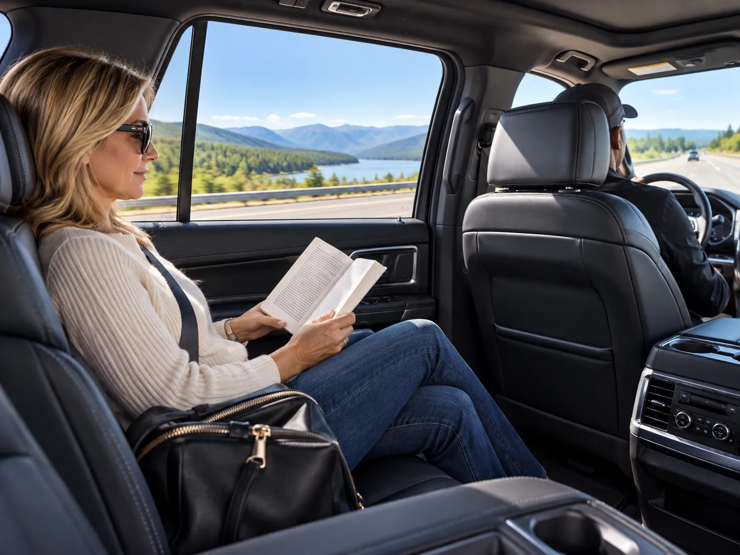 Passenger resting in the back seat during a long trip.