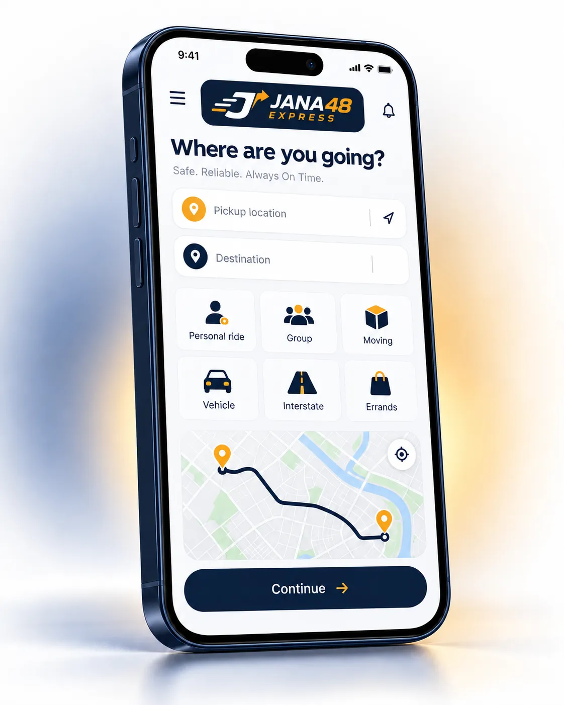 JANA48 Express app showing pickup, destination, service choices, and a route map.