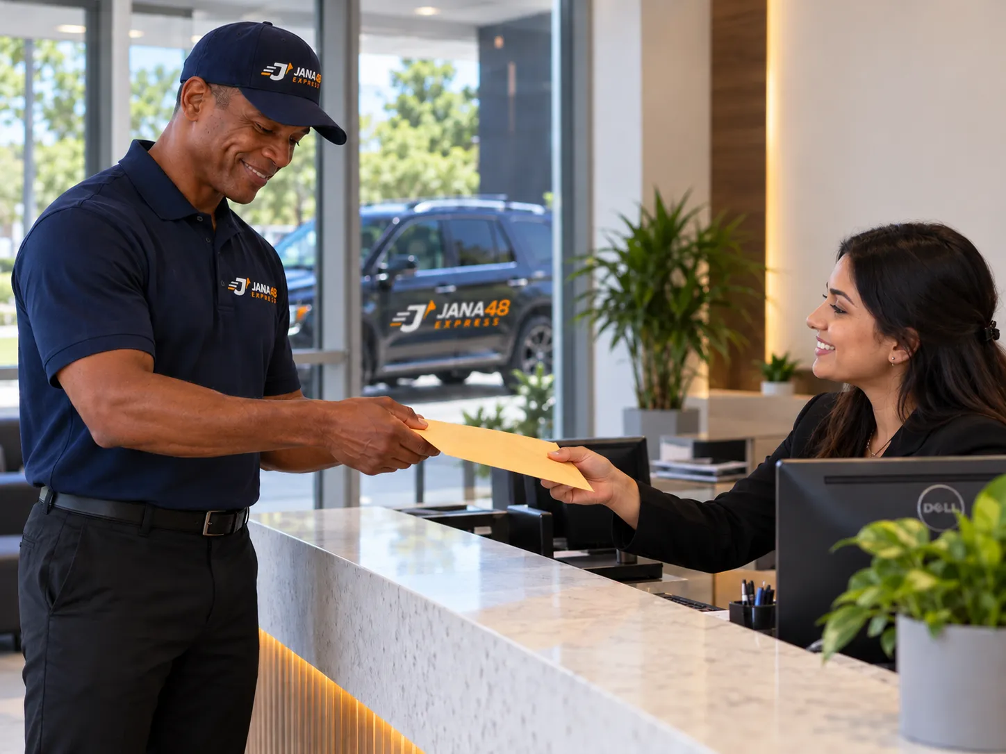 Document envelope being delivered at an office front desk.