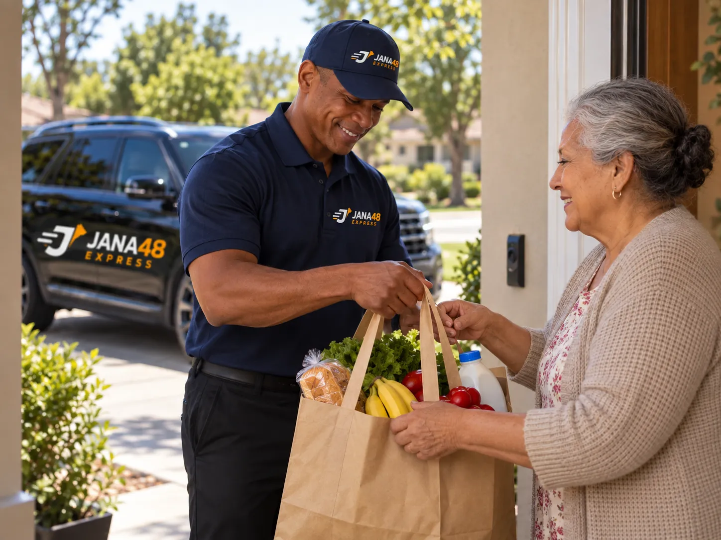 Grocery bags delivered at a home's front door.