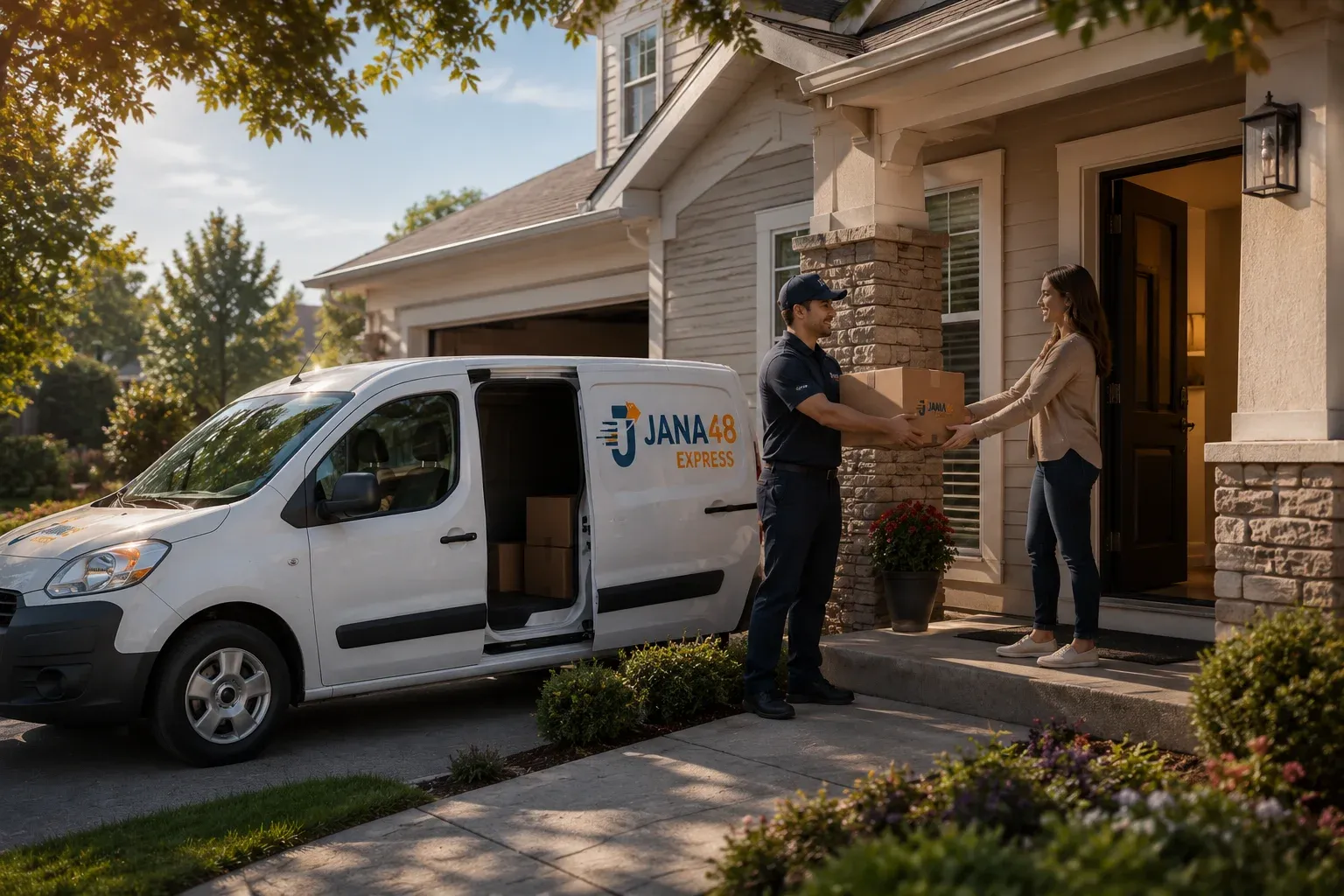 JANA48 Express's driver delivers a package at a home's front door.