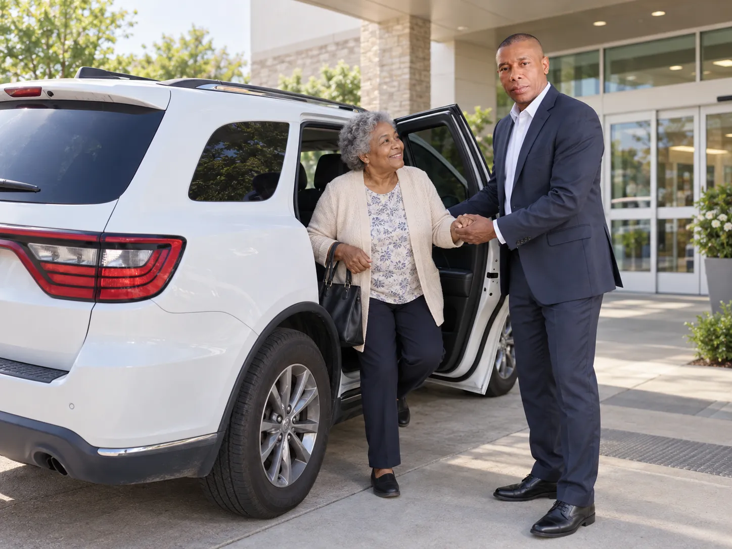 Older adult getting out of the vehicle in front of a clinic.