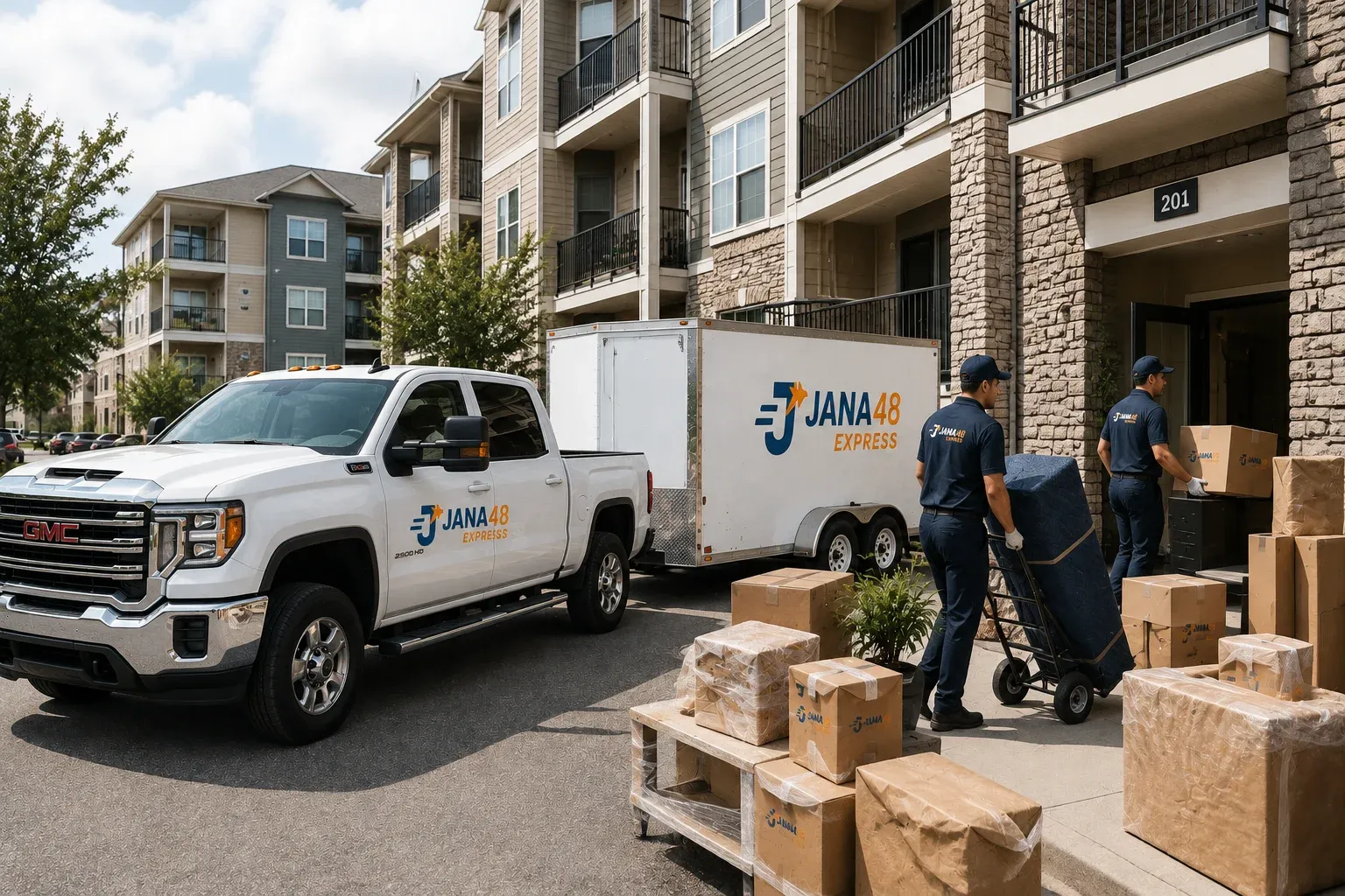 JANA48 Express's truck and trailer outside an apartment building, with boxes ready to load.