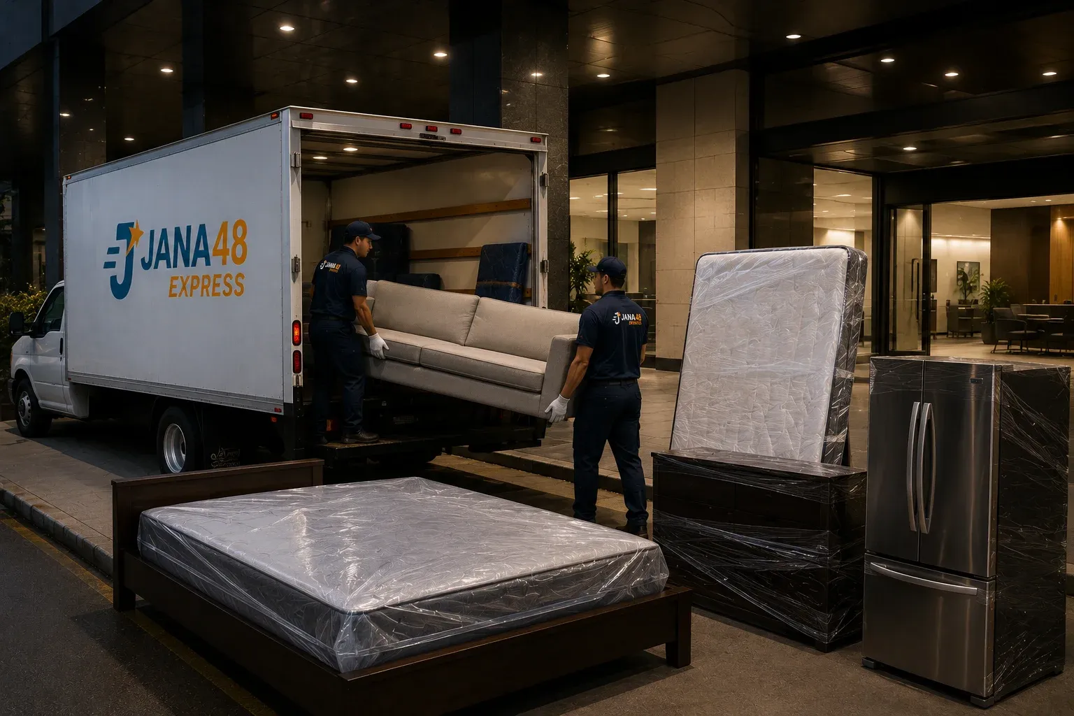 Sofa, mattresses, and an appliance prepared for transport.