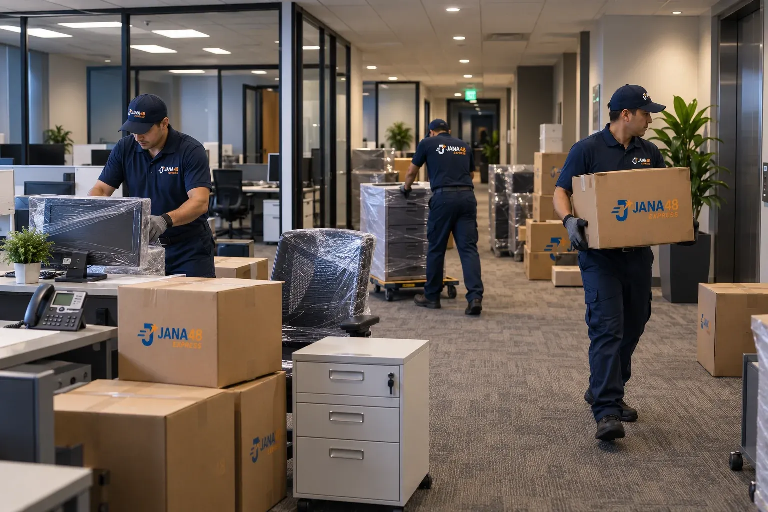 Office furniture and equipment prepared for scheduled transport.