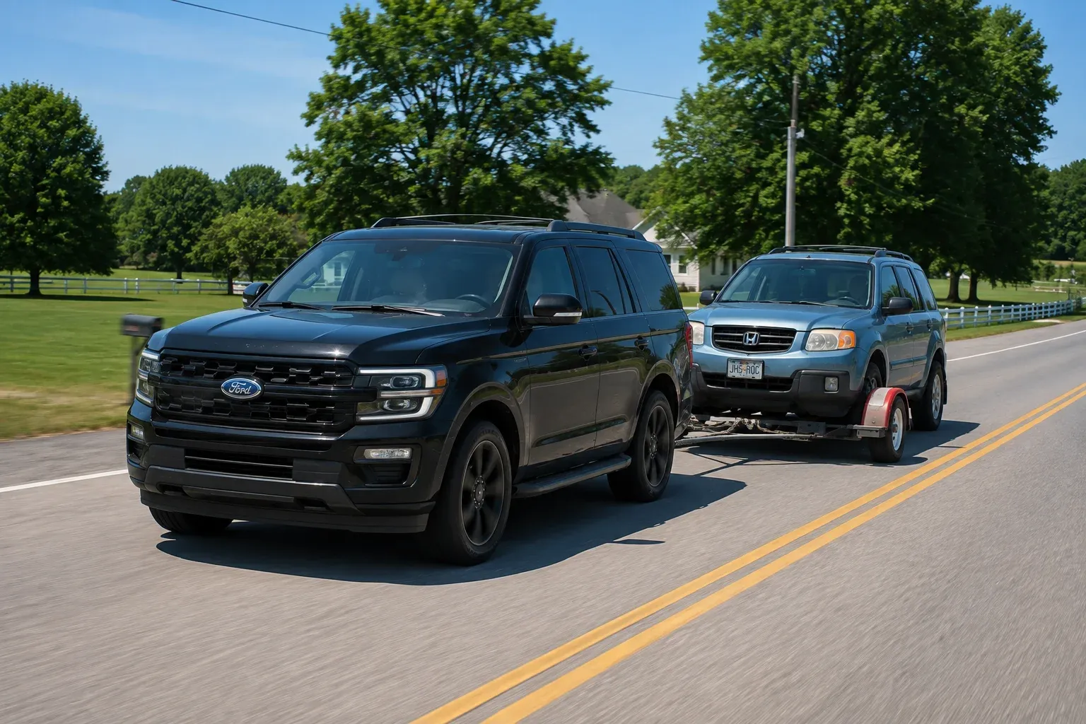 SUV towing another vehicle on a dolly down a rural highway.