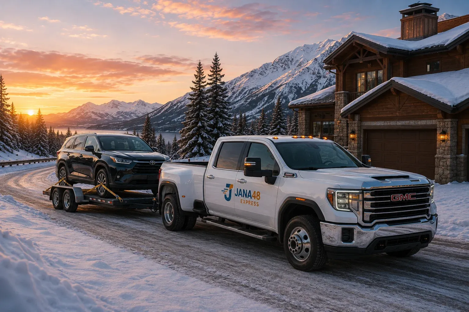 JANA48 Express truck towing an SUV through the snow, outside a mountain cabin.